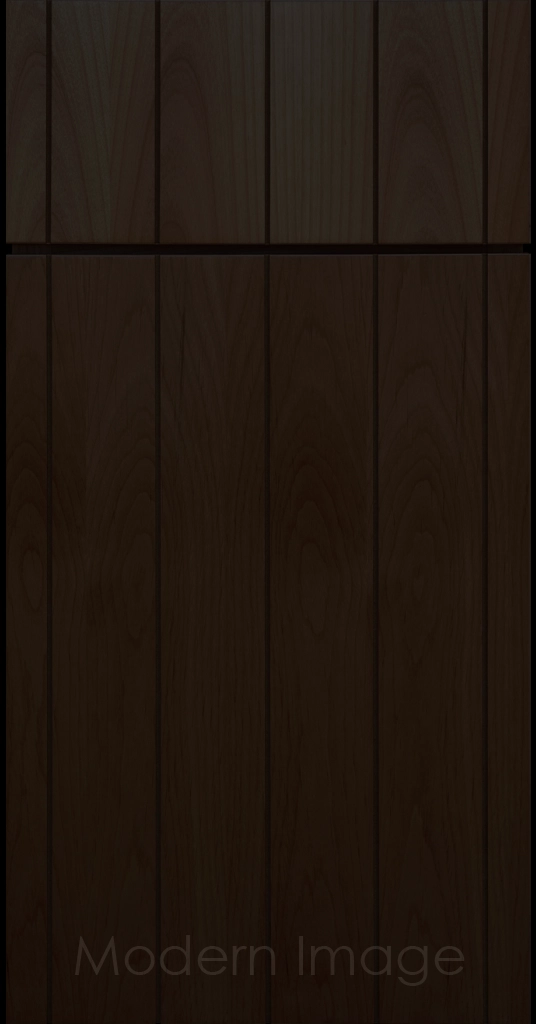 Front view of a Brooklyn style Grooved Flat Panel Cabinet Door and Drawer finished in Brownie Stain.